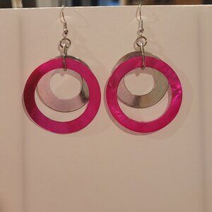 Pink Plastic and Silver-tone Circle Drop Earrings